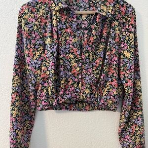 Zara Pink and Yellow Long Sleeve Crop Blouse